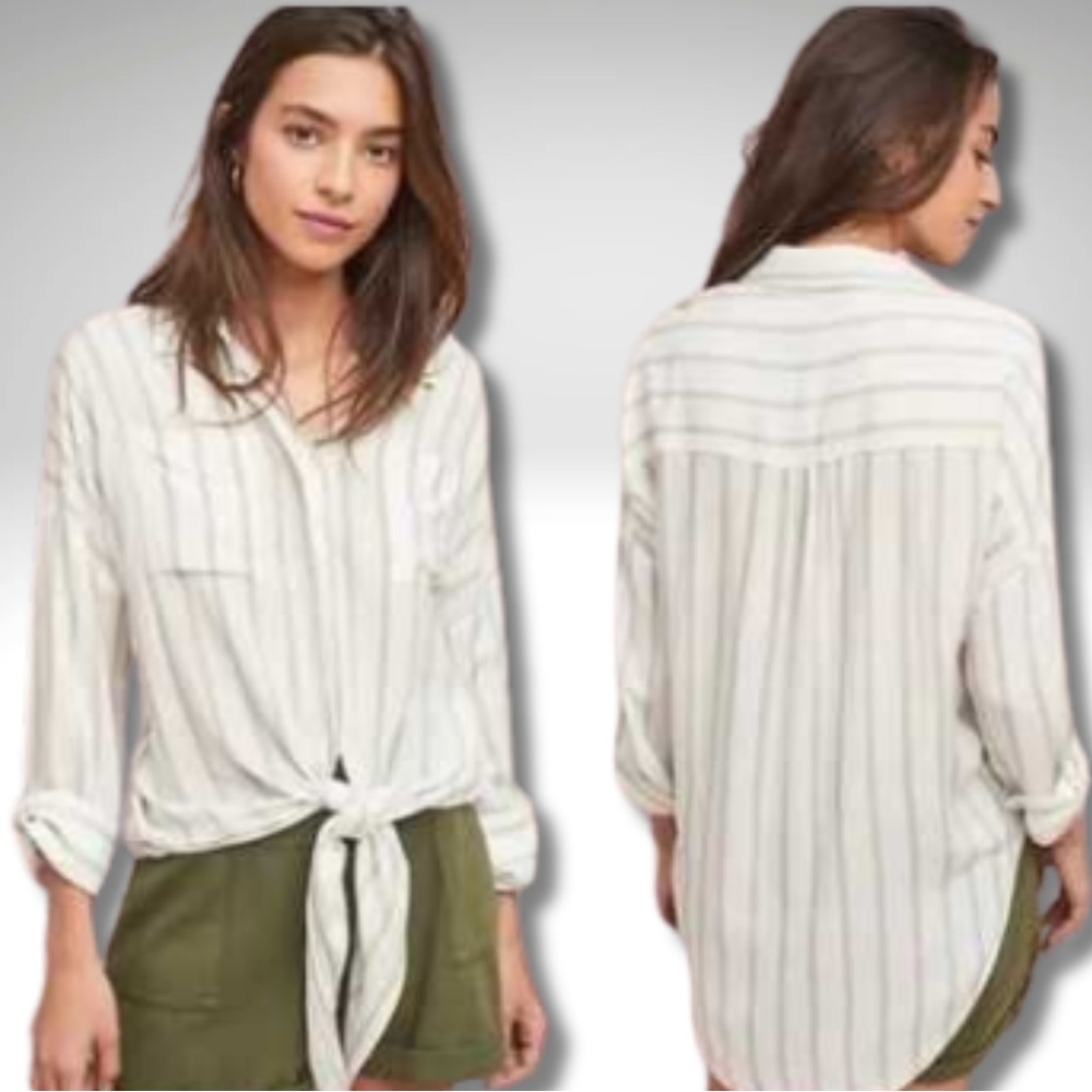 Maeve Anthropologie Ivory Stripe Tie-Front Button Down Shirt XS
